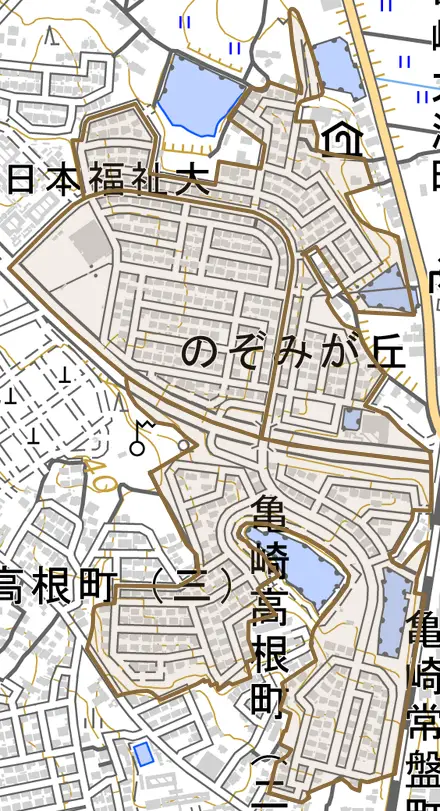のぞみが丘とその周辺の地図。町の範囲を重ねている
