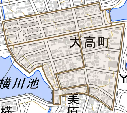 大高町とその周辺の地図。町の範囲を重ねている