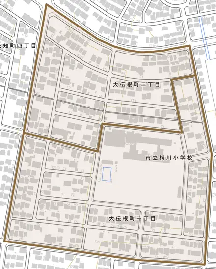 大伝根町とその周辺の地図。町の範囲を重ねている