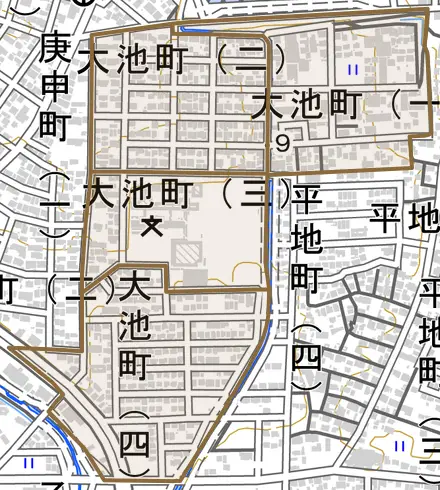 大池町とその周辺の地図。町の範囲を重ねている