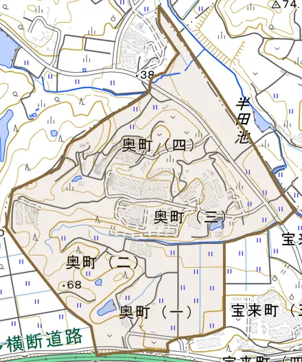 奥町とその周辺の地図。町の範囲を重ねている