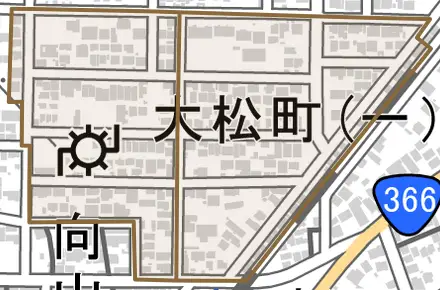 大松町とその周辺の地図。町の範囲を重ねている