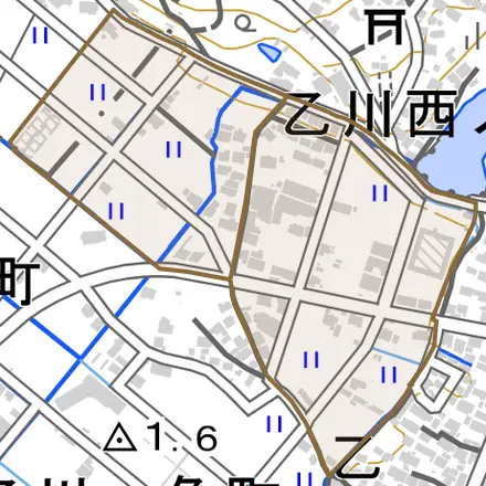 乙川深田町とその周辺の地図。町の範囲を重ねている
