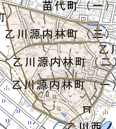 乙川源内林町とその周辺の地図。町の範囲を重ねている