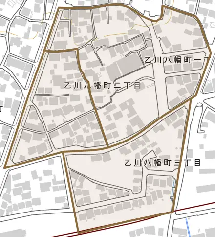 乙川八幡町とその周辺の地図。町の範囲を重ねている