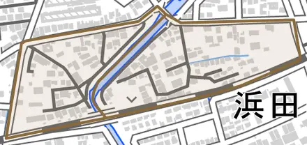 乙川浜側町とその周辺の地図。町の範囲を重ねている