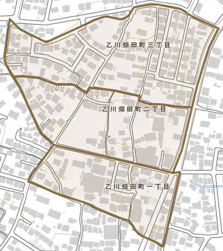 乙川畑田町とその周辺の地図。町の範囲を重ねている