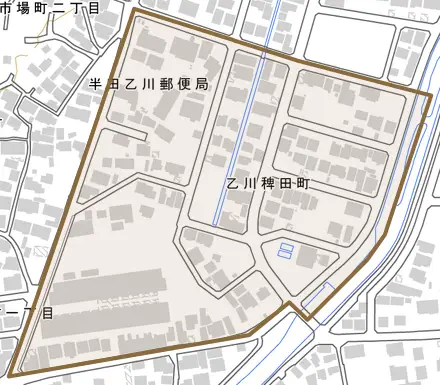 乙川稗田町とその周辺の地図。町の範囲を重ねている