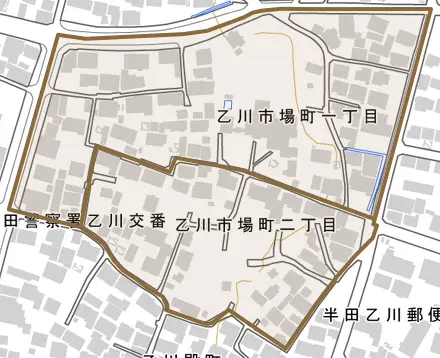 乙川市場町とその周辺の地図。町の範囲を重ねている