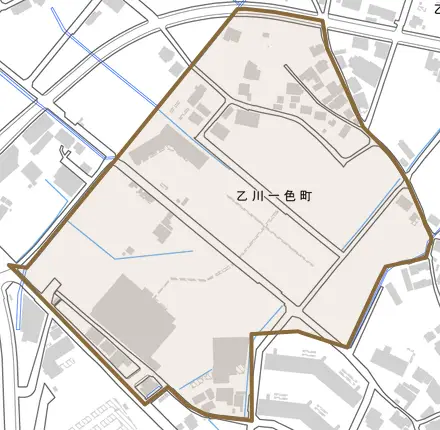 乙川一色町とその周辺の地図。町の範囲を重ねている