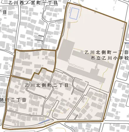 乙川北側町とその周辺の地図。町の範囲を重ねている