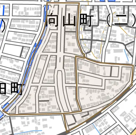 乙川向田町とその周辺の地図。町の範囲を重ねている