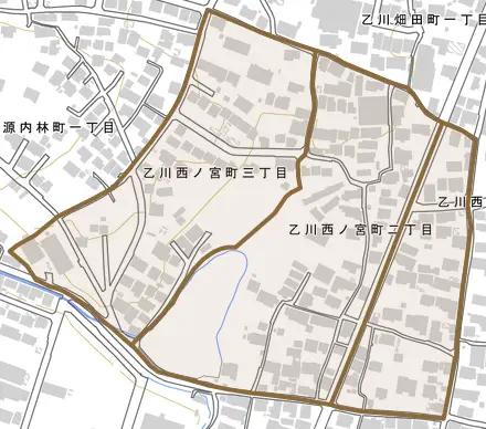 乙川西ノ宮町とその周辺の地図。町の範囲を重ねている