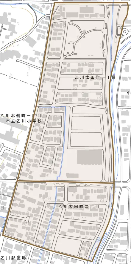 乙川太田町とその周辺の地図。町の範囲を重ねている