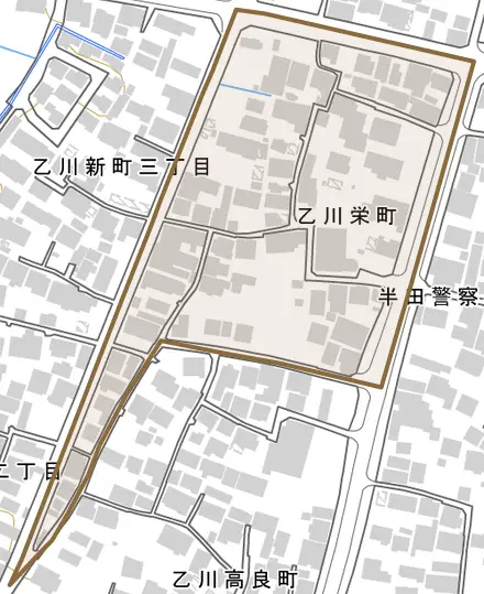乙川栄町とその周辺の地図。町の範囲を重ねている