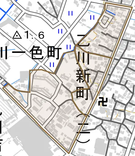 乙川新町とその周辺の地図。町の範囲を重ねている