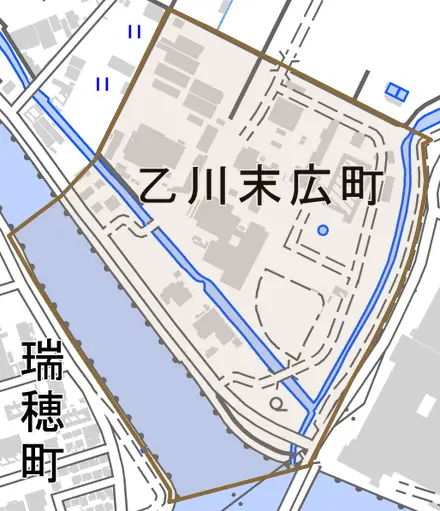 乙川末広町とその周辺の地図。町の範囲を重ねている