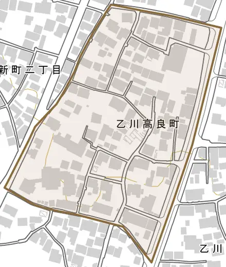 乙川高良町とその周辺の地図。町の範囲を重ねている