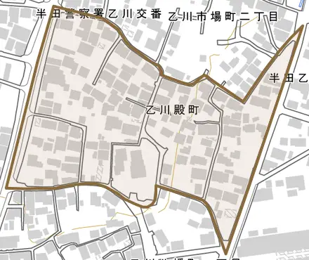 乙川殿町とその周辺の地図。町の範囲を重ねている