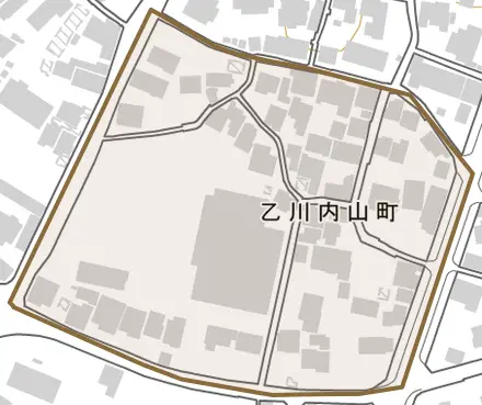 乙川内山町とその周辺の地図。町の範囲を重ねている