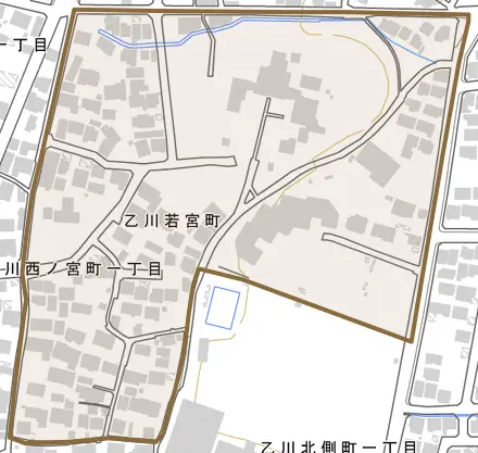 乙川若宮町とその周辺の地図。町の範囲を重ねている