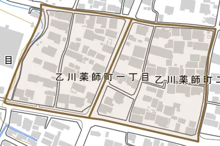 乙川薬師町とその周辺の地図。町の範囲を重ねている