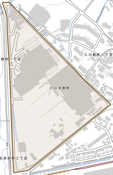 乙川吉野町とその周辺の地図。町の範囲を重ねている