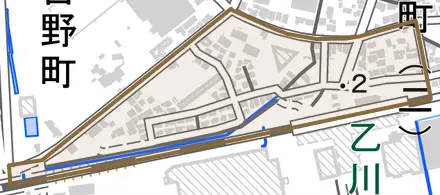 乙川町とその周辺の地図。町の範囲を重ねている