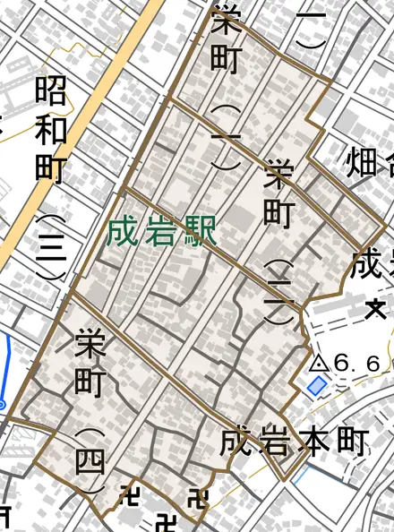 栄町とその周辺の地図。町の範囲を重ねている