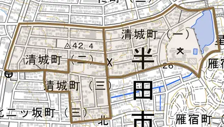 清城町とその周辺の地図。町の範囲を重ねている