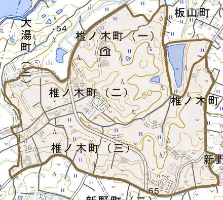 椎ノ木町とその周辺の地図。町の範囲を重ねている