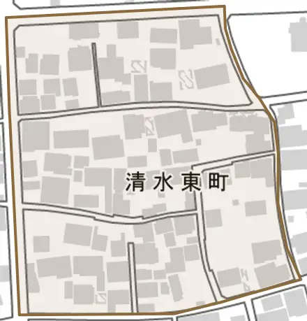 清水東町とその周辺の地図。町の範囲を重ねている