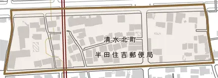 清水北町とその周辺の地図。町の範囲を重ねている
