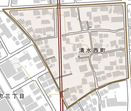 清水西町とその周辺の地図。町の範囲を重ねている