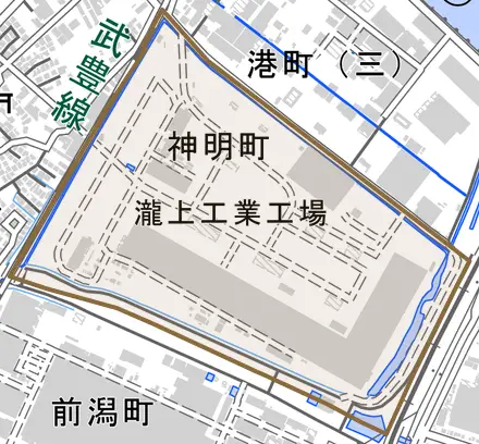 神明町とその周辺の地図。町の範囲を重ねている