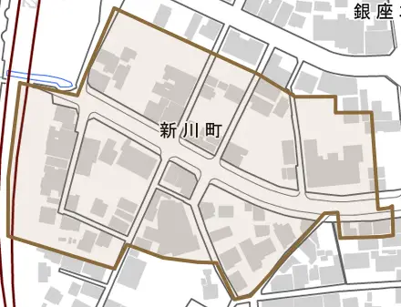 新川町とその周辺の地図。町の範囲を重ねている