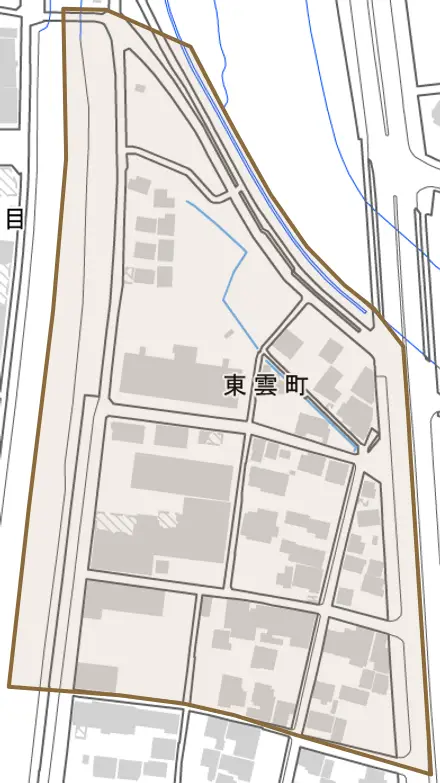 東雲町とその周辺の地図。町の範囲を重ねている