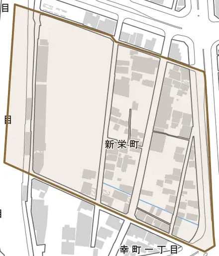 新栄町とその周辺の地図。町の範囲を重ねている