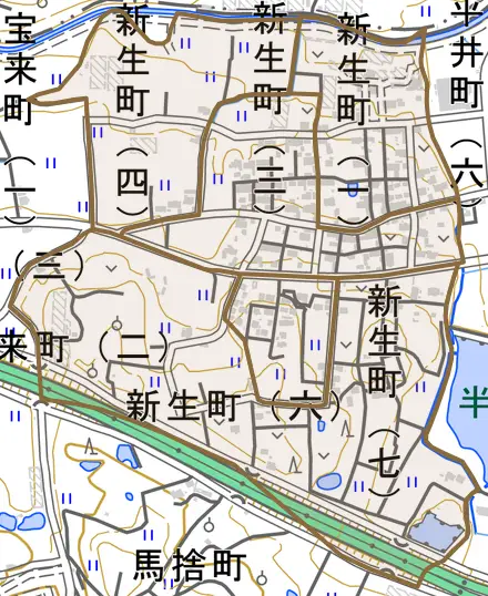 新生町とその周辺の地図。町の範囲を重ねている