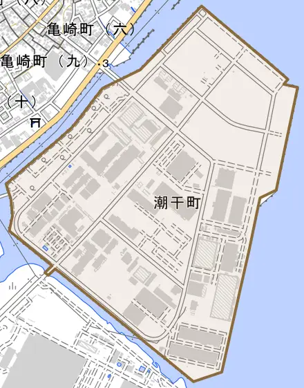 潮干町とその周辺の地図。町の範囲を重ねている