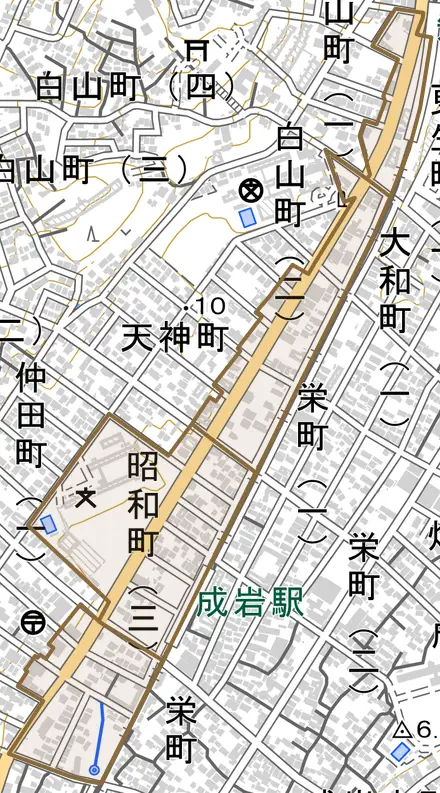 昭和町とその周辺の地図。町の範囲を重ねている