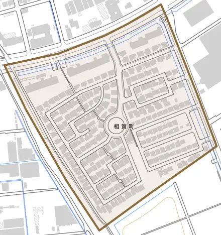 相賀町とその周辺の地図。町の範囲を重ねている