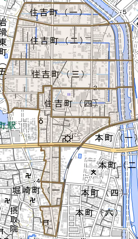 住吉町とその周辺の地図。町の範囲を重ねている