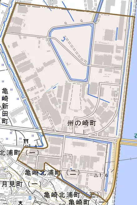 州の崎町とその周辺の地図。町の範囲を重ねている