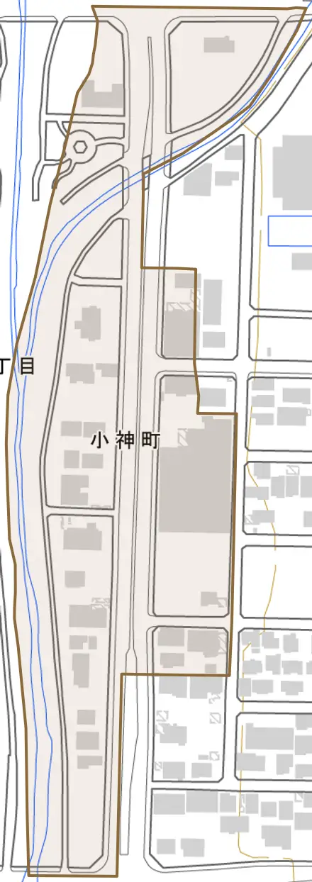 小神町とその周辺の地図。町の範囲を重ねている