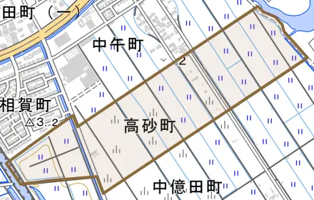 高砂町とその周辺の地図。町の範囲を重ねている