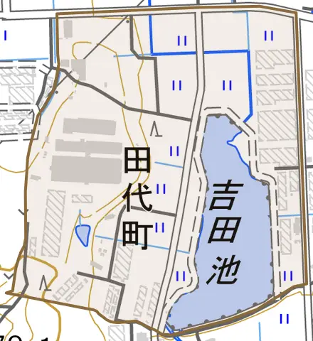 田代町とその周辺の地図。町の範囲を重ねている