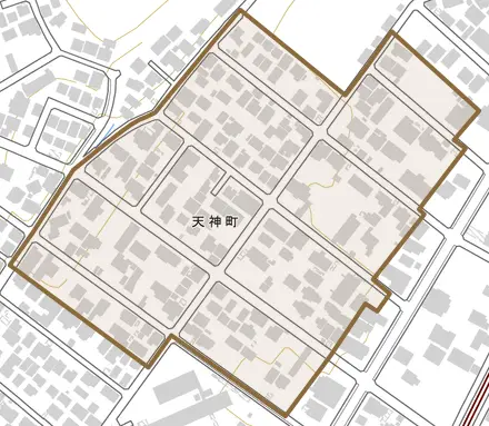 天神町とその周辺の地図。町の範囲を重ねている