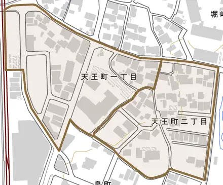 天王町とその周辺の地図。町の範囲を重ねている