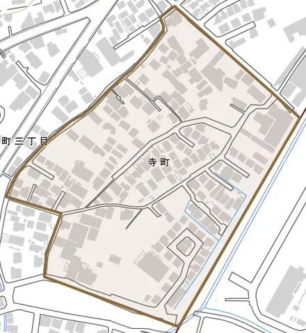 寺町とその周辺の地図。町の範囲を重ねている